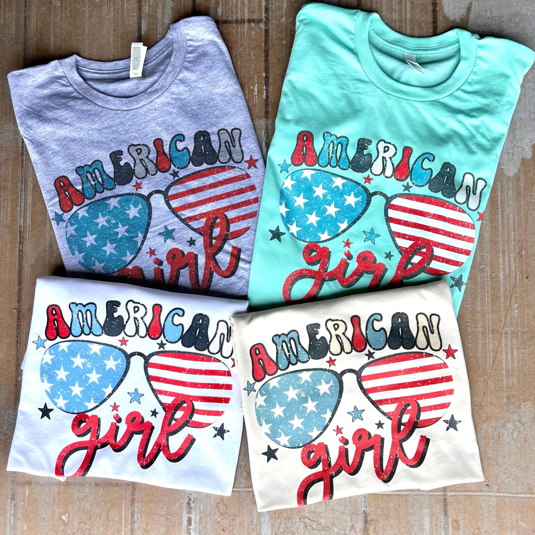 Online Exclusive | American Girl with Stars and Glasses Graphic Tee in Mint - Giddy Up Glamour Boutique
