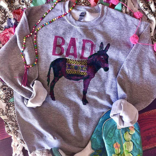 Online Exclusive | Bad Long Sleeve Donkey Graphic Sweatshirt in Gray - Giddy Up Glamour Boutique