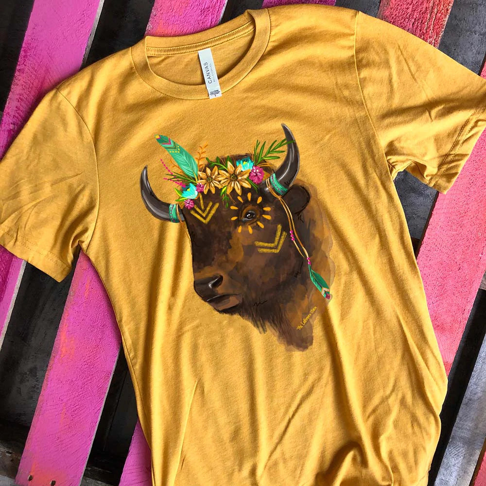 Online Exclusive | Boho Buffalo Short Sleeve Hand Drawn Graphic Tee in Mustard - Giddy Up Glamour Boutique