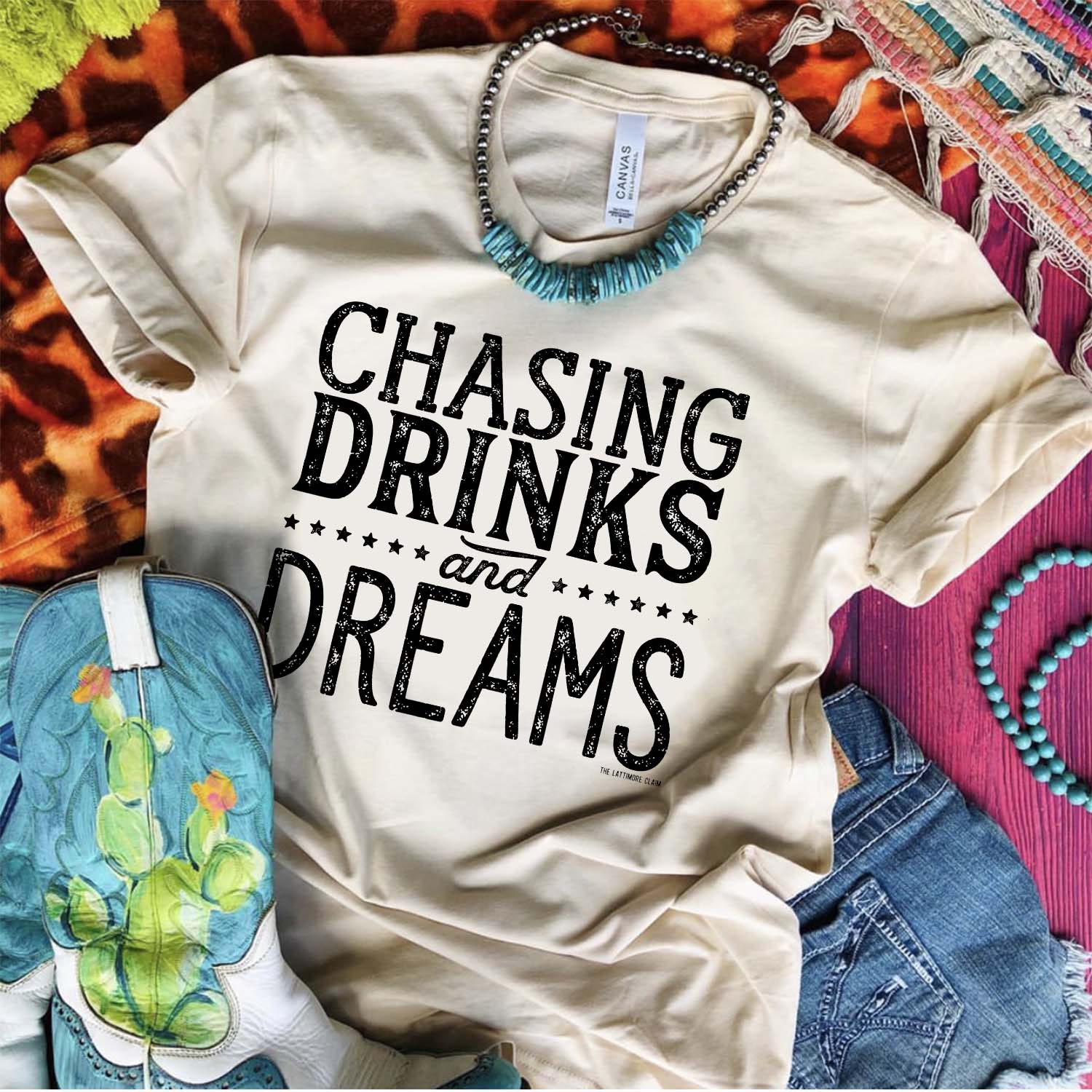 Online Exclusive | Chasing Drinks and Dreams Graphic Tee in Cream - Giddy Up Glamour Boutique