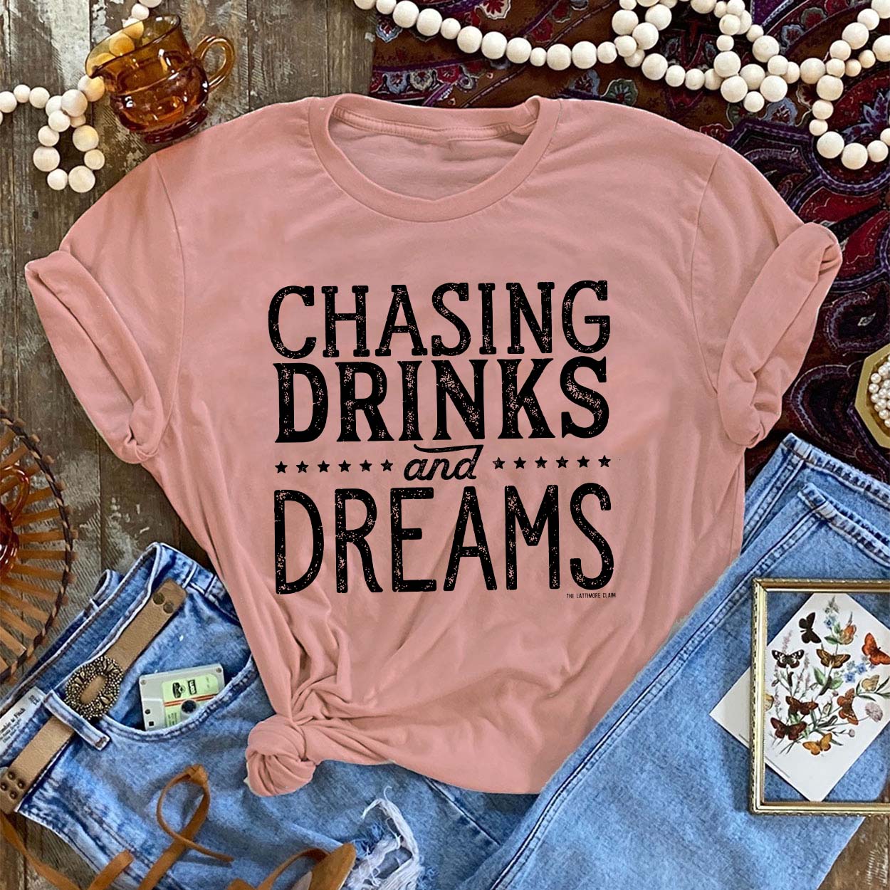 Online Exclusive | Chasing Drinks and Dreams Graphic Tee in Desert Rose - Giddy Up Glamour Boutique