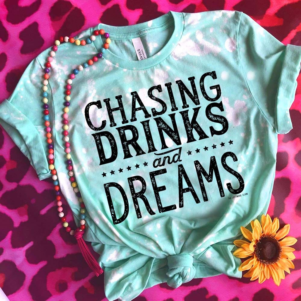 Online Exclusive | Chasing Drinks and Dreams Bleached Graphic Tee in Mint Blue - Giddy Up Glamour Boutique
