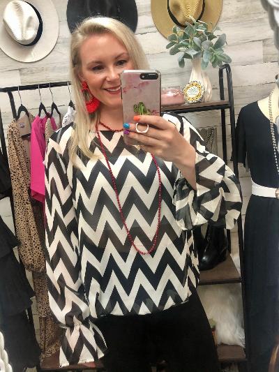 Last Chance Size Small | Sheer Chevron Long Sleeve Blouse in Black and White - Giddy Up Glamour Boutique