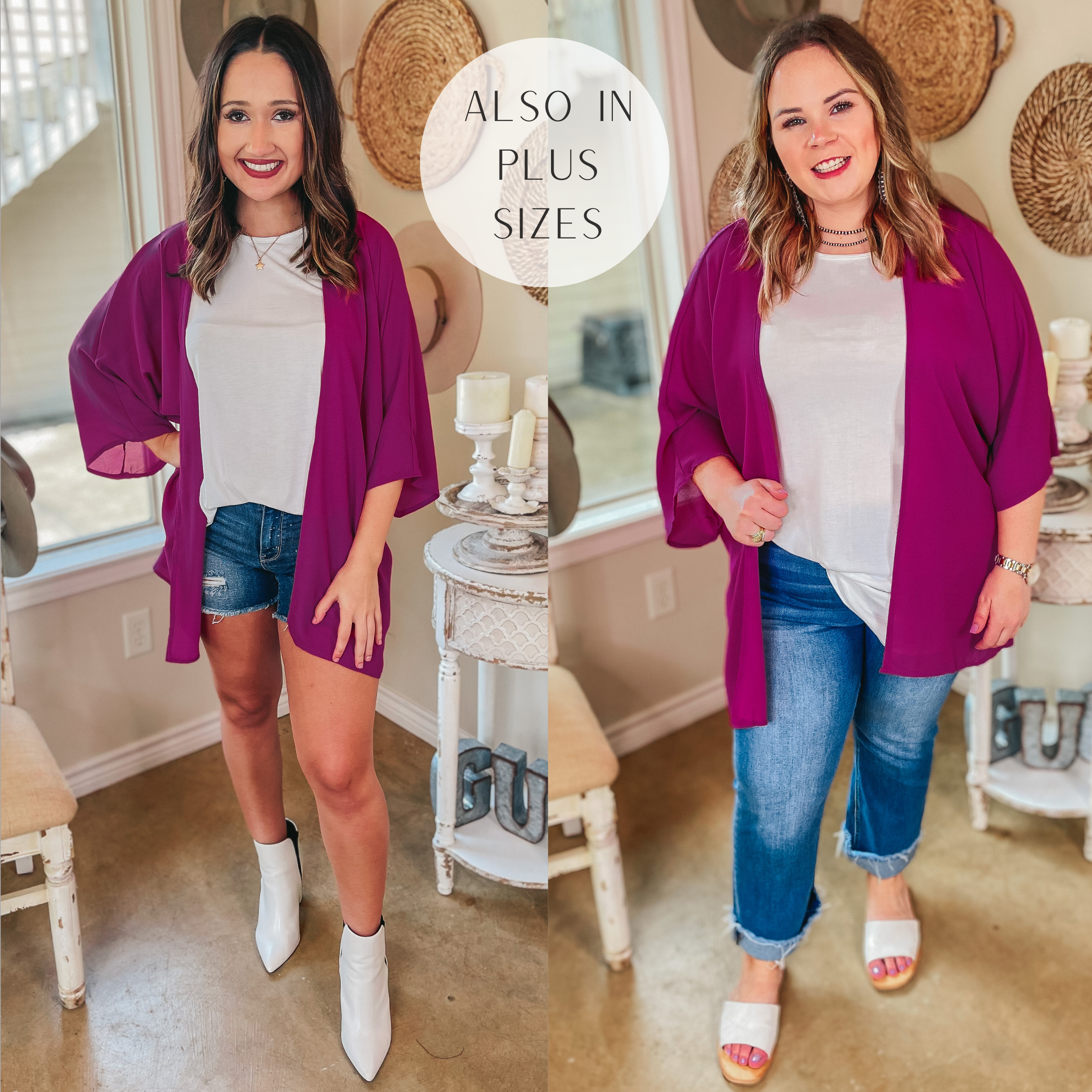 Like a Melody Solid Sheer Kimono in Magenta - Giddy Up Glamour Boutique