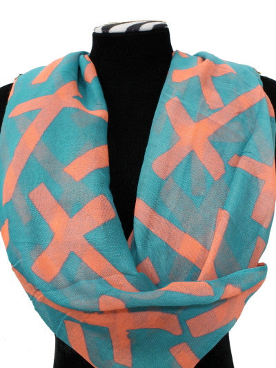 Turquoise with Coral Crosses Infinity Scarf - Giddy Up Glamour Boutique