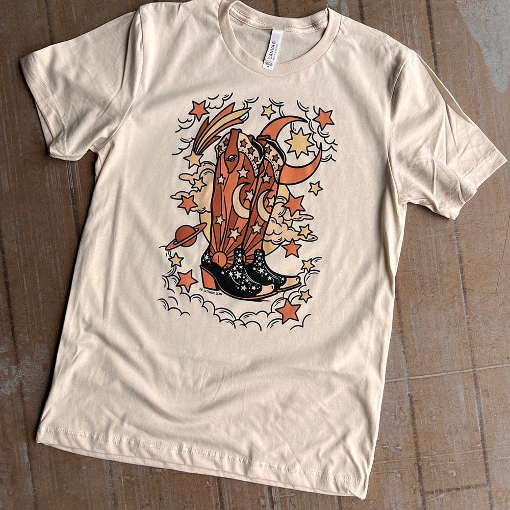 Online Exclusive | Cosmic Boots Graphic Tee in Cream - Giddy Up Glamour Boutique