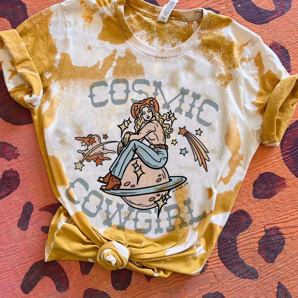 Online Exclusive | Cosmic Cowgirl Bleached Graphic Tee in Mustard Yellow - Giddy Up Glamour Boutique