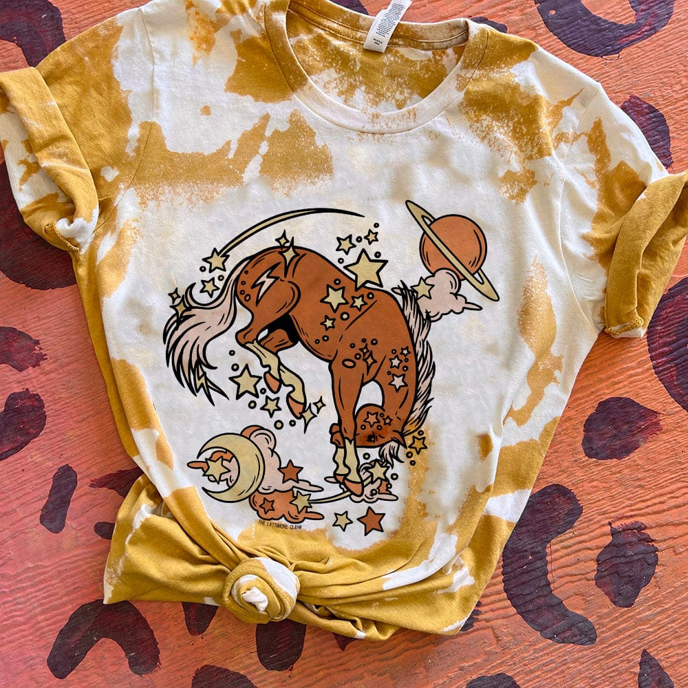 Online Exclusive | Cosmic Horse Bleached Graphic Tee in Mustard Yellow - Giddy Up Glamour Boutique