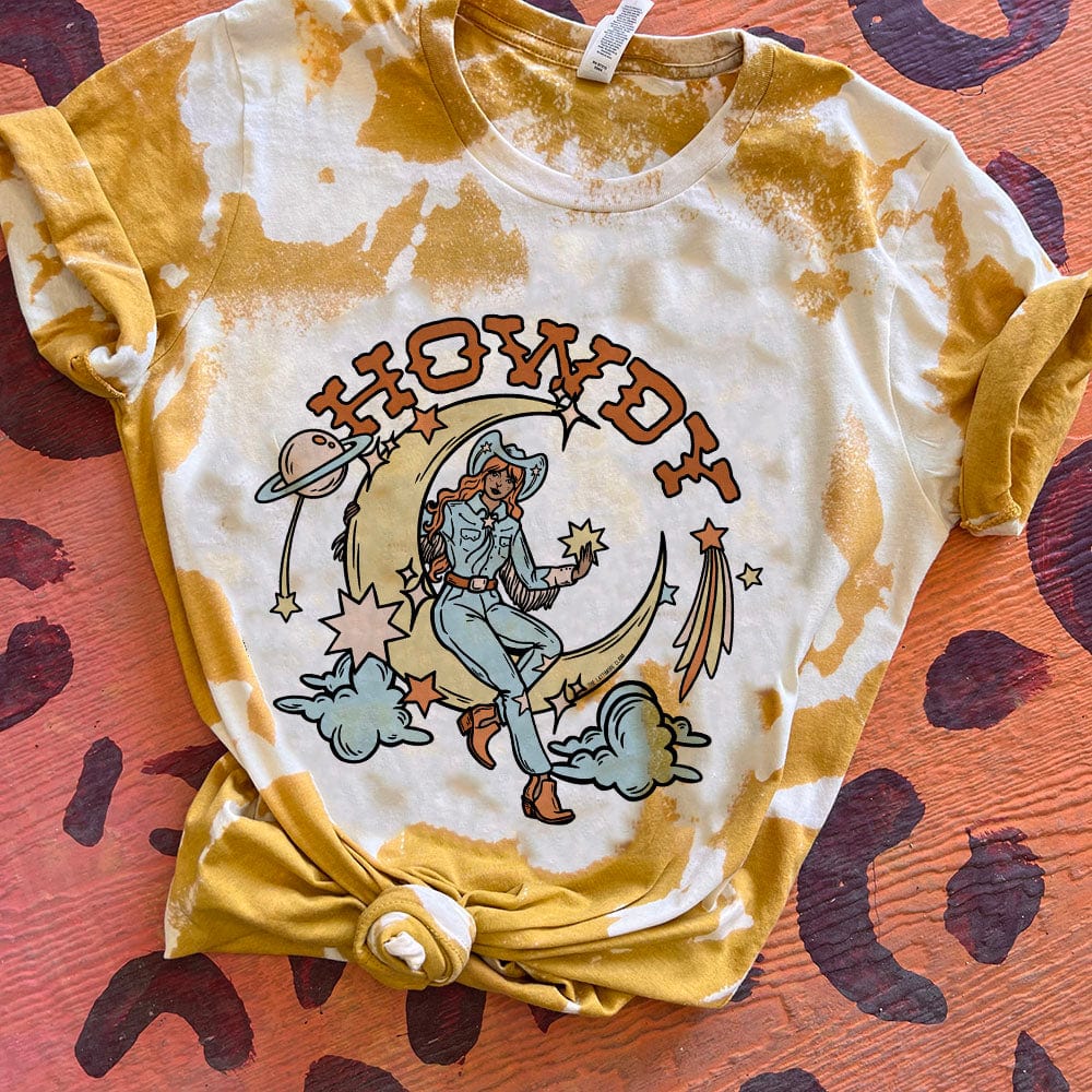 Online Exclusive | Cosmic Howdy Cowgirl and Moon Bleached Graphic Tee in Mustard Yellow - Giddy Up Glamour Boutique