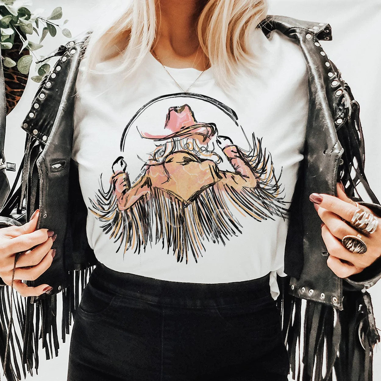 Online Exclusive | Cowgirl with Fringe Graphic Tee in White - Giddy Up Glamour Boutique