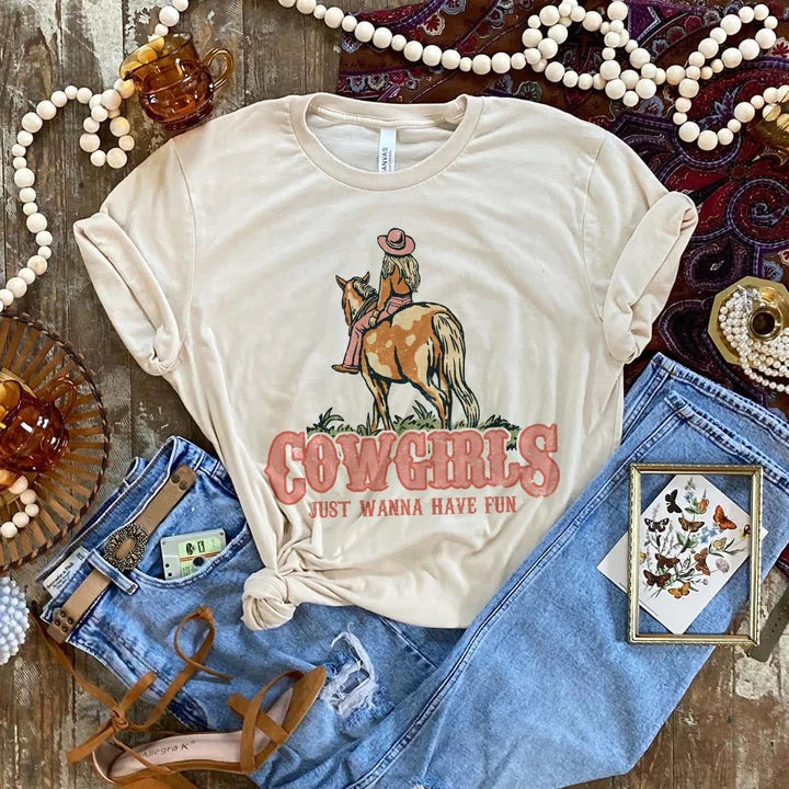 Online Exclusive | Cowgirls Just Wanna Have Fun Graphic Tee in Cream - Giddy Up Glamour Boutique