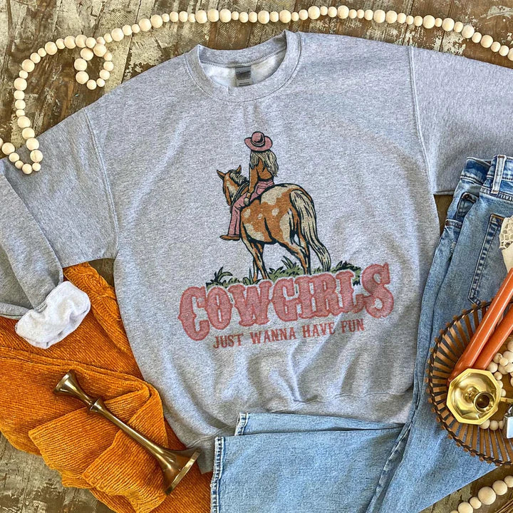 Online Exclusive | Cowgirls Just Wanna Have Fun Long Sleeve Sweatshirt in Gray - Giddy Up Glamour Boutique