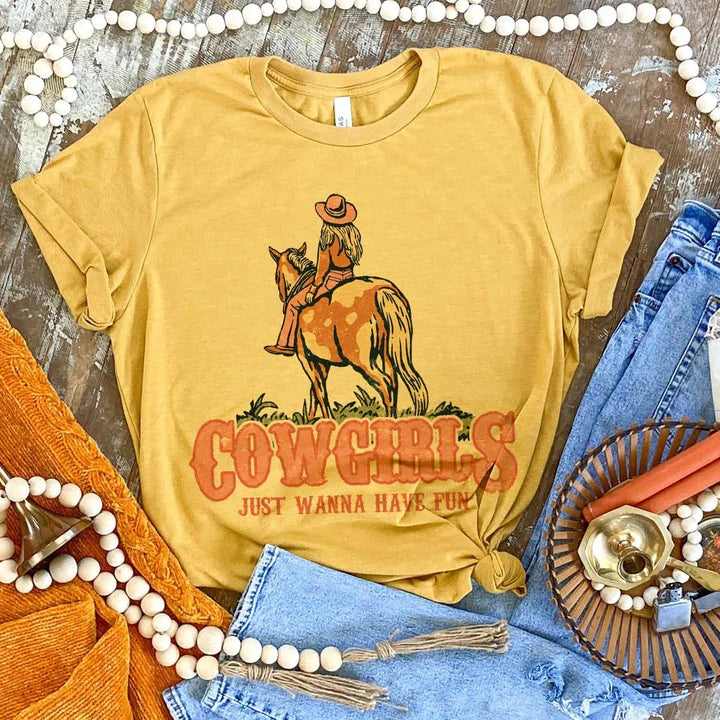 Online Exclusive | Cowgirls Just Wanna Have Fun Graphic Tee in Mustard Yellow - Giddy Up Glamour Boutique
