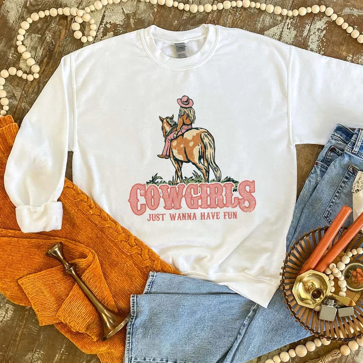 Online Exclusive | Cowgirls Just Wanna Have Fun Long Sleeve Sweatshirt in White - Giddy Up Glamour Boutique