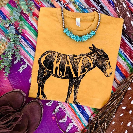 Online Exclusive | Crazy Short Sleeve Donkey Graphic Tee in Mustard Yellow - Giddy Up Glamour Boutique