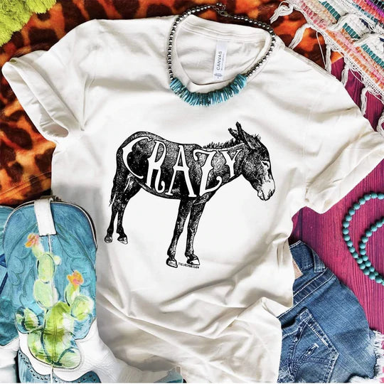 Online Exclusive | Crazy Short Sleeve Donkey Graphic Tee in White - Giddy Up Glamour Boutique