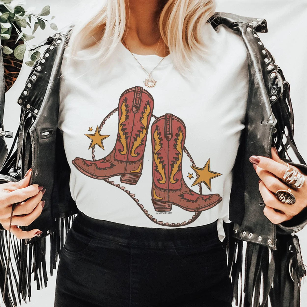 Online Exclusive | Dancing Boots Graphic Tee in White - Giddy Up Glamour Boutique