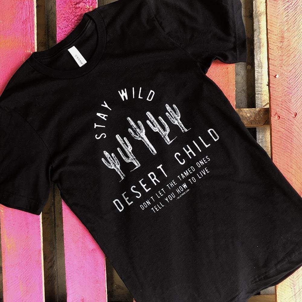 Online Exclusive | Stay Wild Desert Child with Cactus Short Sleeve Graphic Tee in Black - Giddy Up Glamour Boutique
