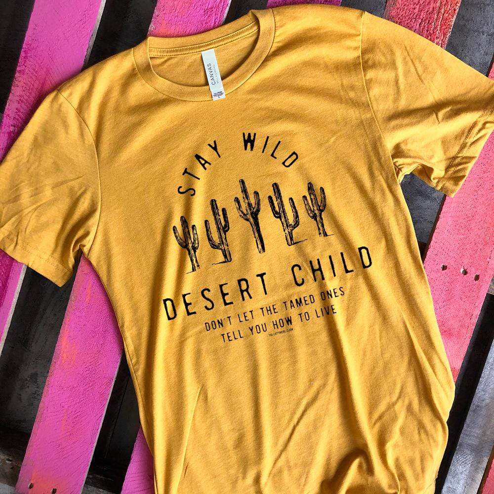 Online Exclusive | Stay Wild Desert Child with Cactus Short Sleeve Graphic Tee in Mustard - Giddy Up Glamour Boutique