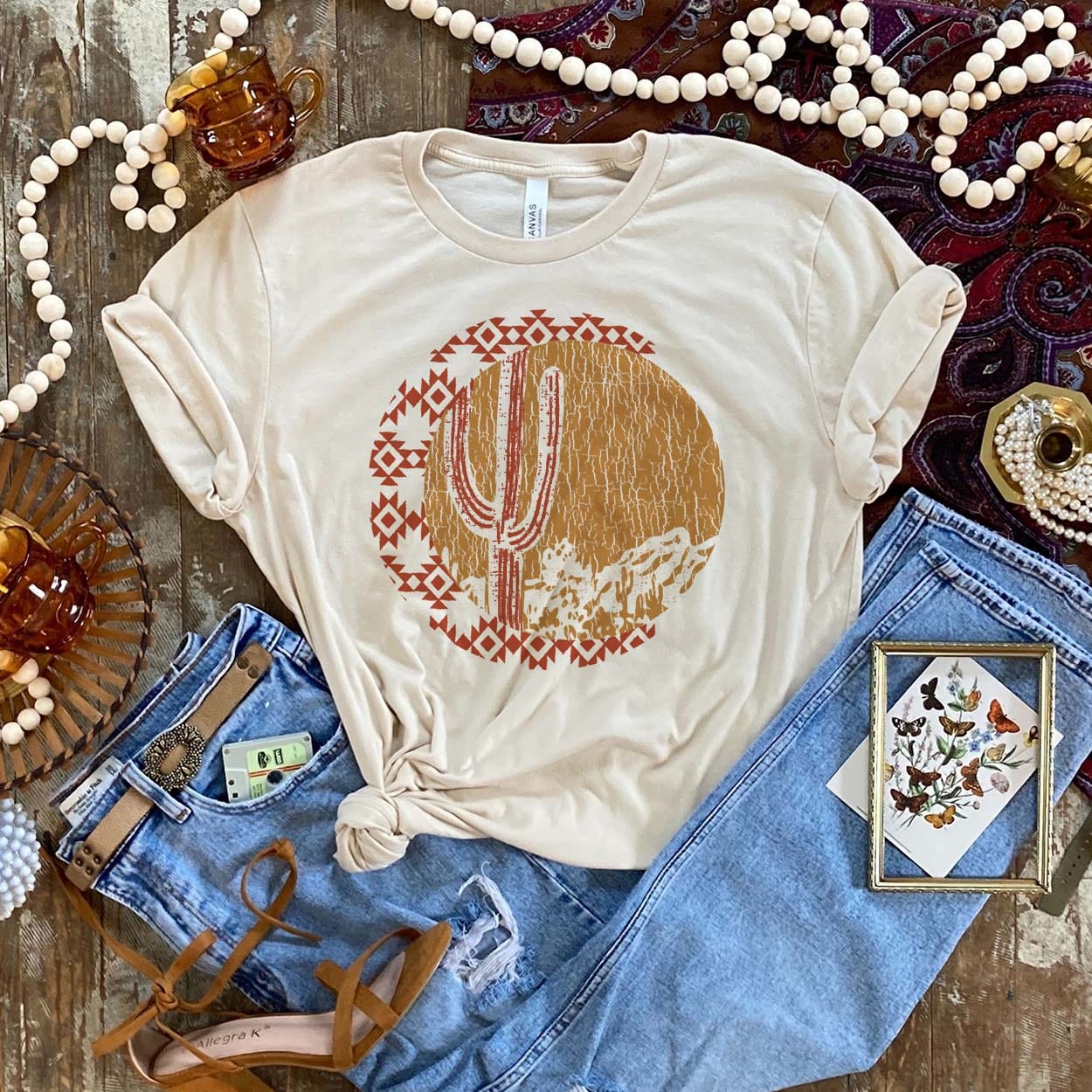 Online Exclusive | Desert Saguaro at Dusk Short Sleeve Graphic Tee in Cream - Giddy Up Glamour Boutique