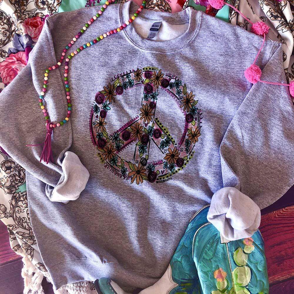 Online Exclusive | Peace Sign Long Sleeve Floral Graphic Sweatshirt in Gray - Giddy Up Glamour Boutique