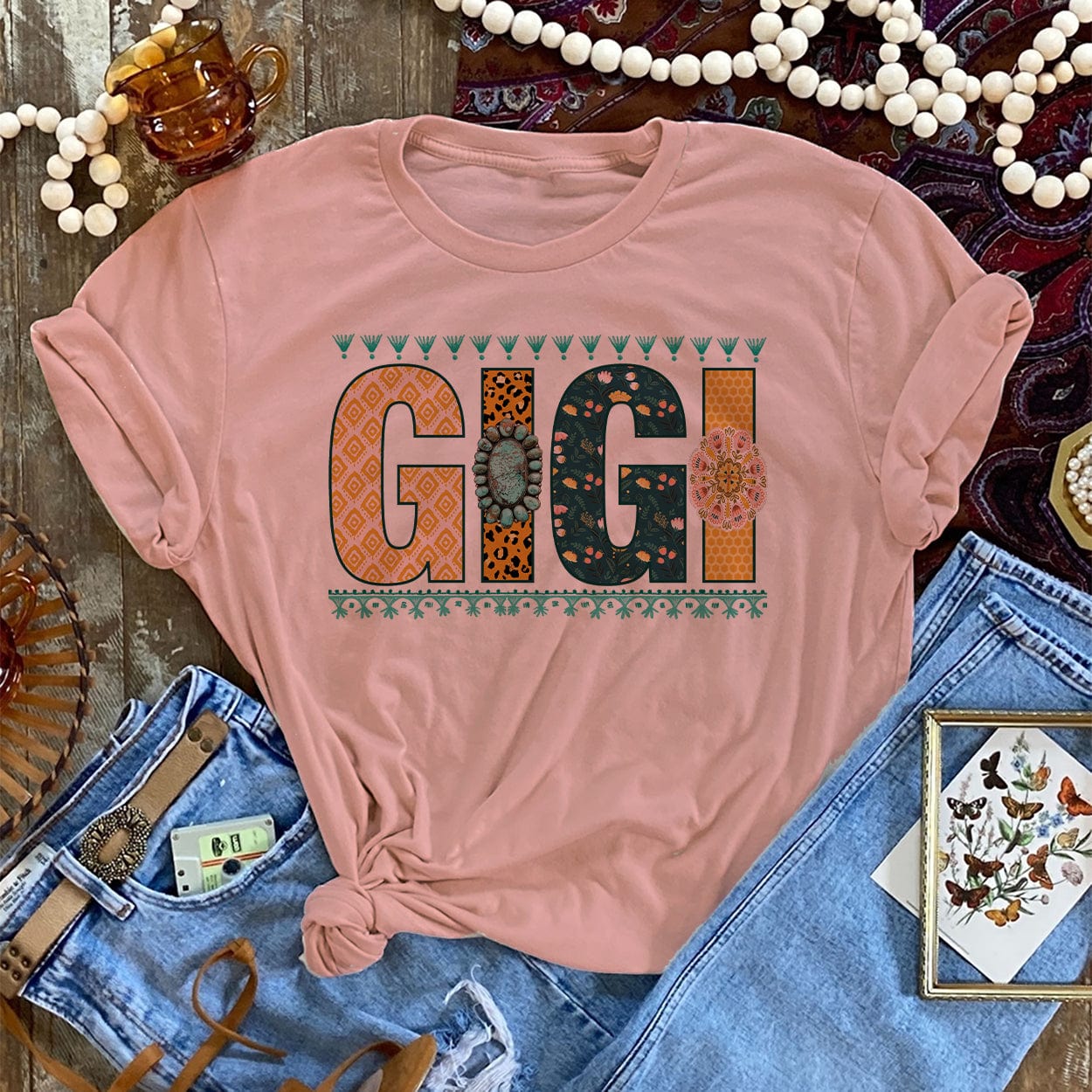 Gigi Short Sleeve Bleached Graphic Tee in Desert Rose