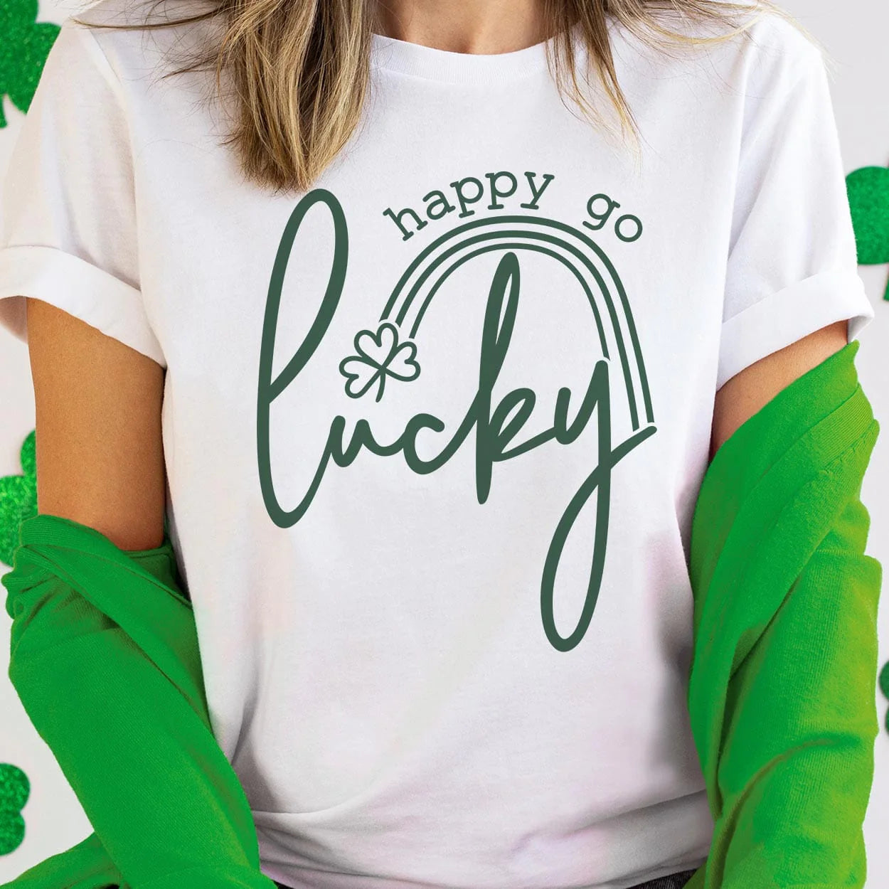 Happy Go Lucky Short Sleeve Graphic Tee in White - Giddy Up Glamour Boutique