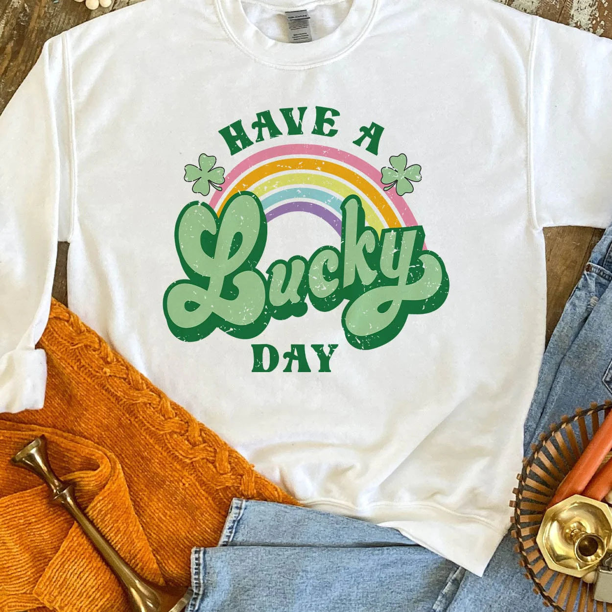 Have A Lucky Day Long Sleeve Graphic Sweatshirt in White - Giddy Up Glamour Boutique