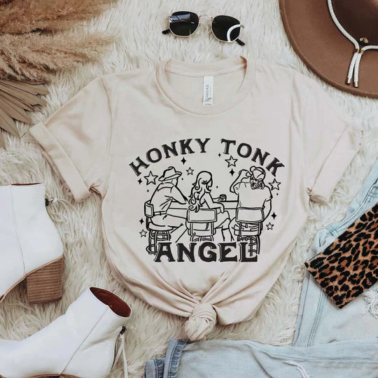 Online Exclusive | Honky Tonk Angel Short Sleeve Graphic Tee in Cream - Giddy Up Glamour Boutique