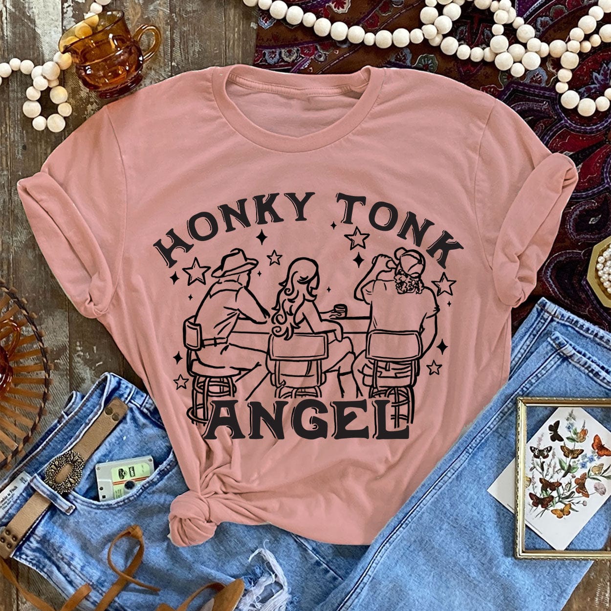 Online Exclusive | Honky Tonk Angel Short Sleeve Graphic Tee in Dusty Rose - Giddy Up Glamour Boutique