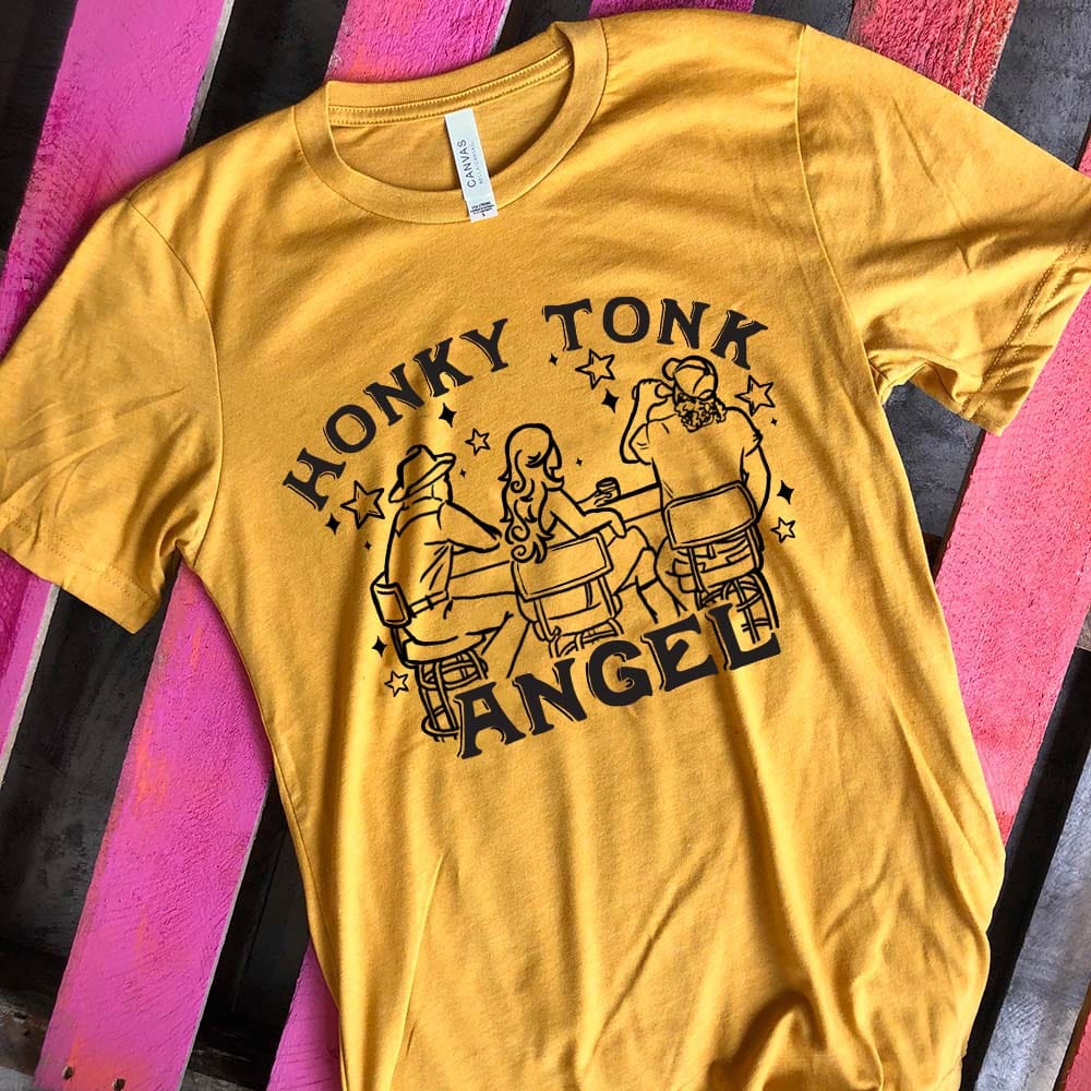 Online Exclusive | Honky Tonk Angel Short Sleeve Graphic Tee in Mustard Yellow - Giddy Up Glamour Boutique