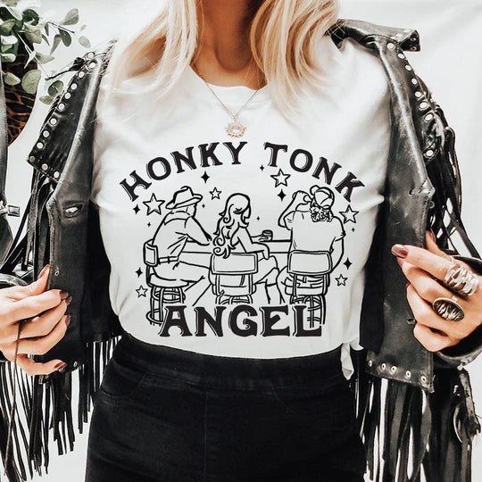 Online Exclusive | Honky Tonk Angel Short Sleeve Graphic Tee in White - Giddy Up Glamour Boutique