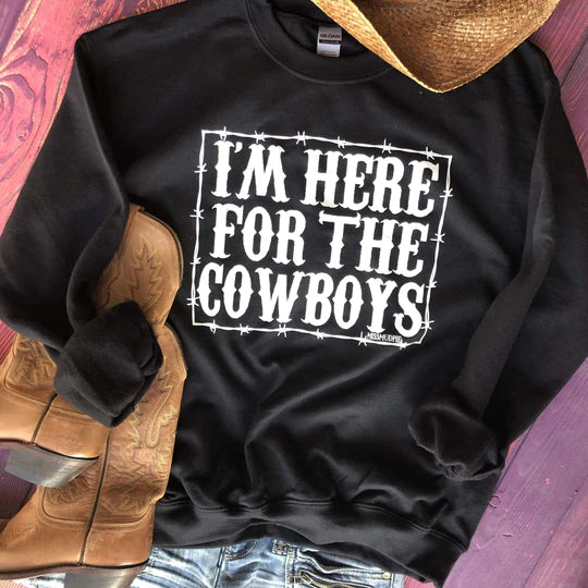 Online Exclusive | I'm Here for the Cowboys Long Sleeve Graphic Sweatshirt in Black - Giddy Up Glamour Boutique