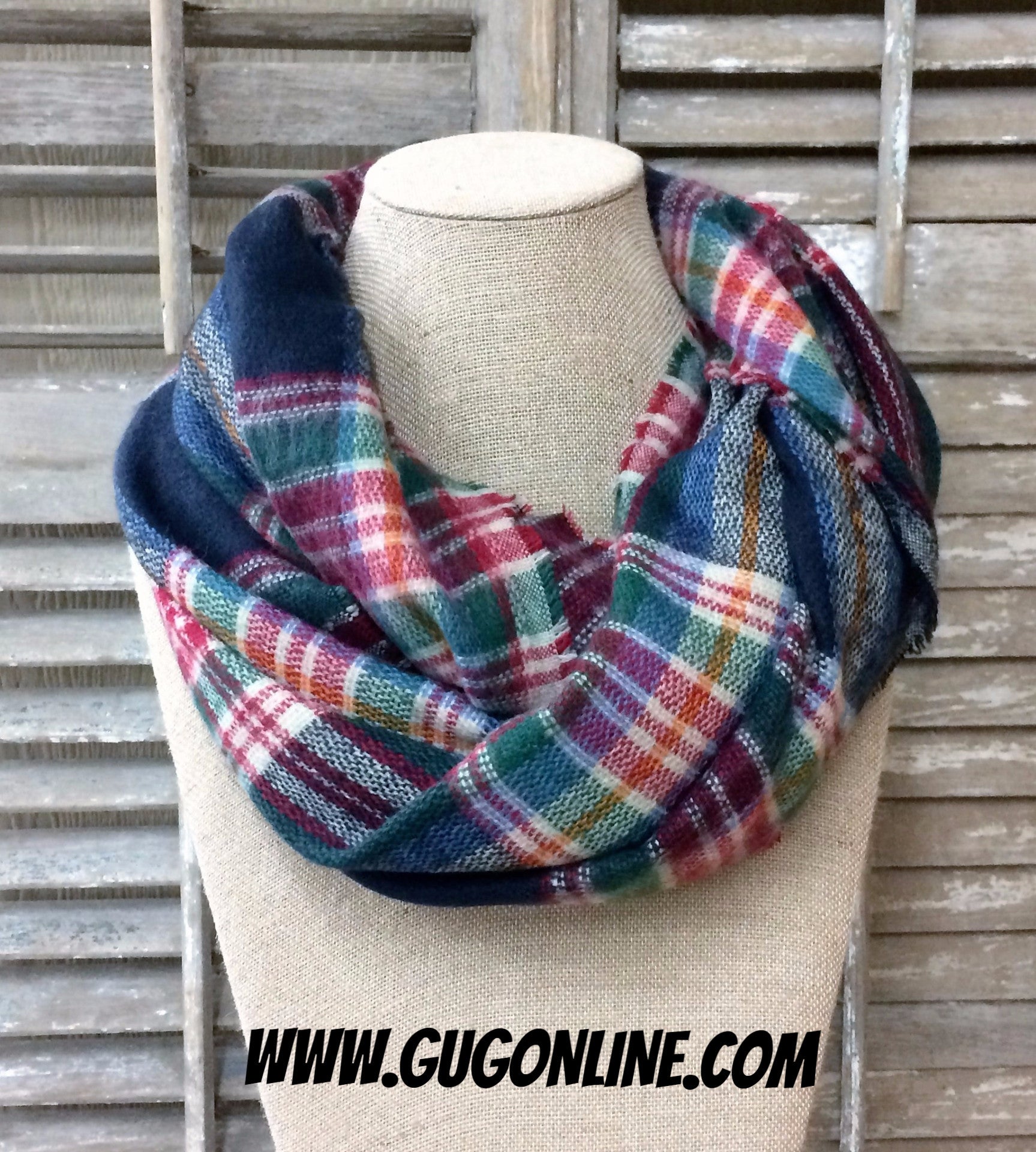 Navy, Green and Red Plaid Infinity Scarf - Giddy Up Glamour Boutique