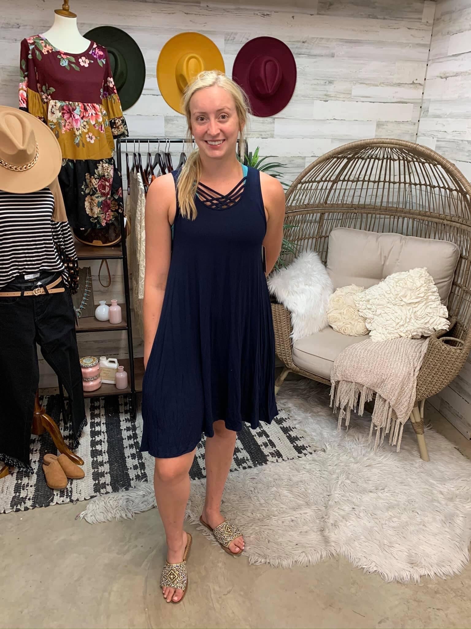 Last Chance Size Small | Navy Blue Swing Dress with Criss Cross Neckline - Giddy Up Glamour Boutique
