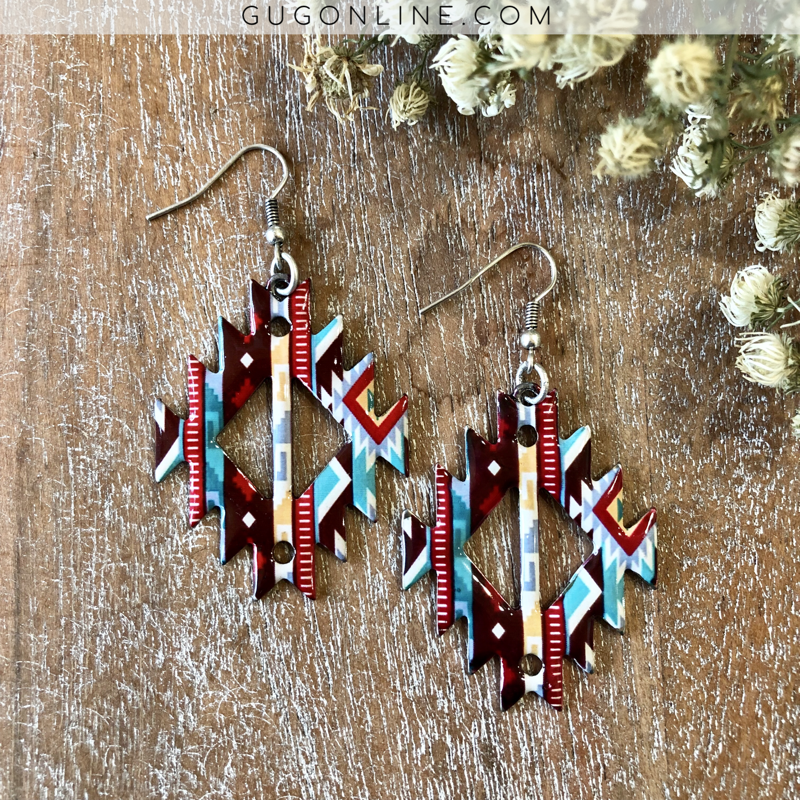 Maroon and Turquoise Aztec Earrings - Giddy Up Glamour Boutique