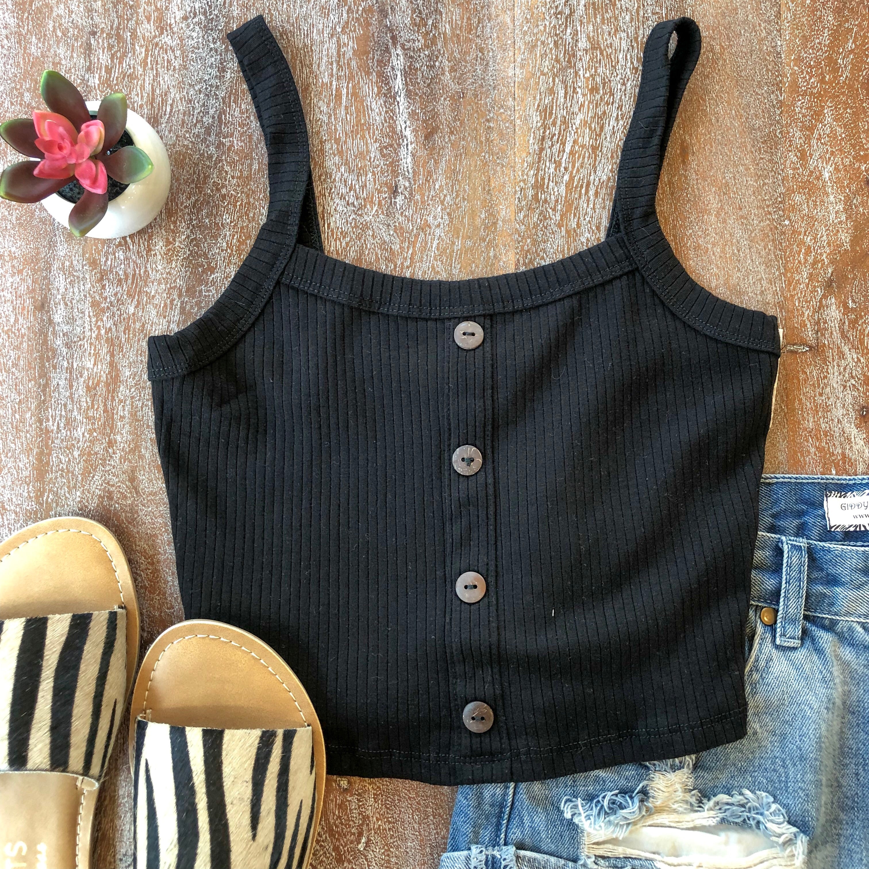 Last Chance Size Med. & Large | Good Life Cropped Tank with Buttons in Black - Giddy Up Glamour Boutique