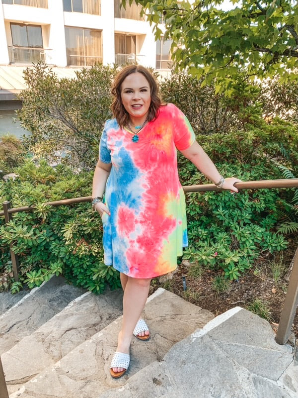 Last Chance Size Small & Medium | Sunny in LA Tie Dye Short Sleeve Dress in Pink and Yellow