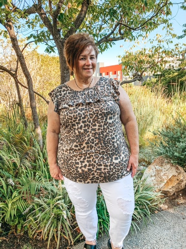 Last Chance Size S, M, & 3XL | Flutter of My Heart Ruffle Layer Top with Flutter Sleeves in Leopard