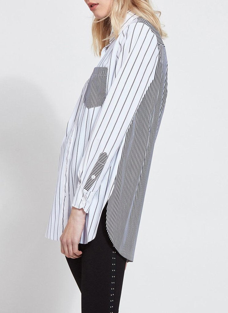 Online Exclusive | Lysse Mixed Stripe Schiffer Button Down Dress Shirt in Black & White - Giddy Up Glamour Boutique