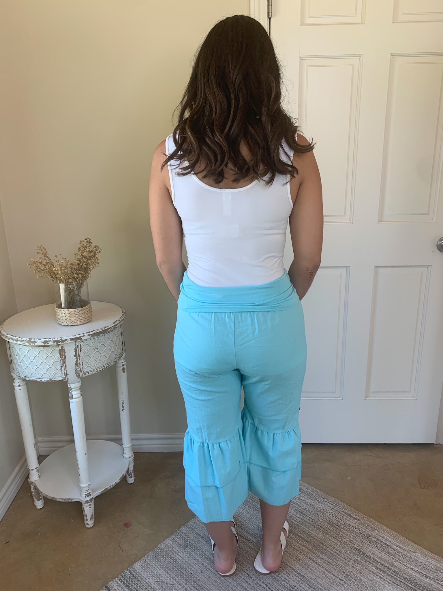 Ruffle Hem Cropped Pants with Buttons in Mint Blue - Giddy Up Glamour Boutique