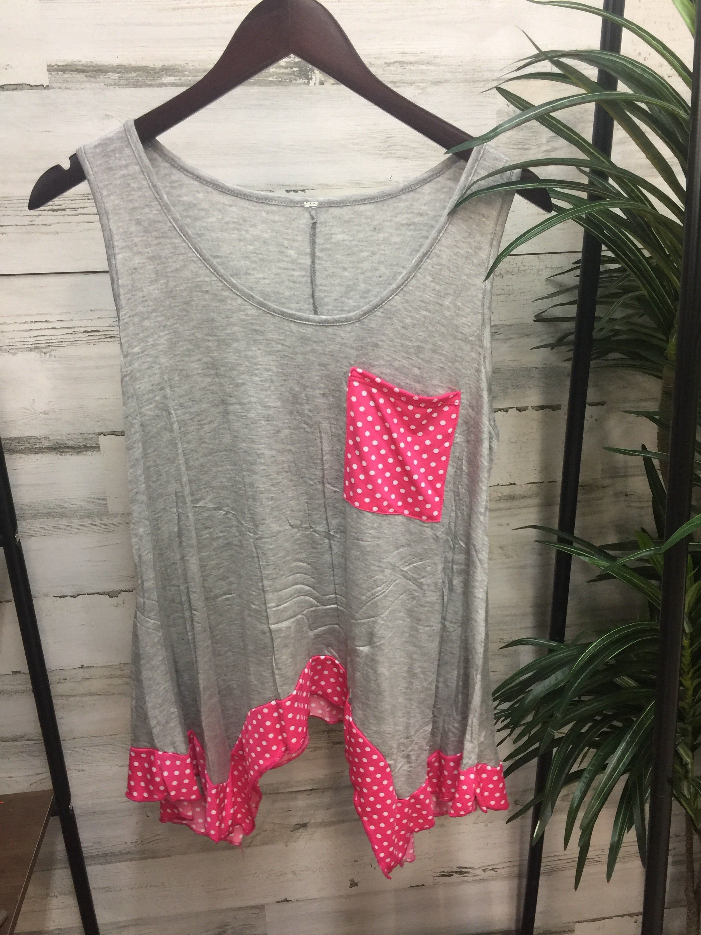 Grey Tank Top with Pink Polka Dot Pocket and Trim - Giddy Up Glamour Boutique
