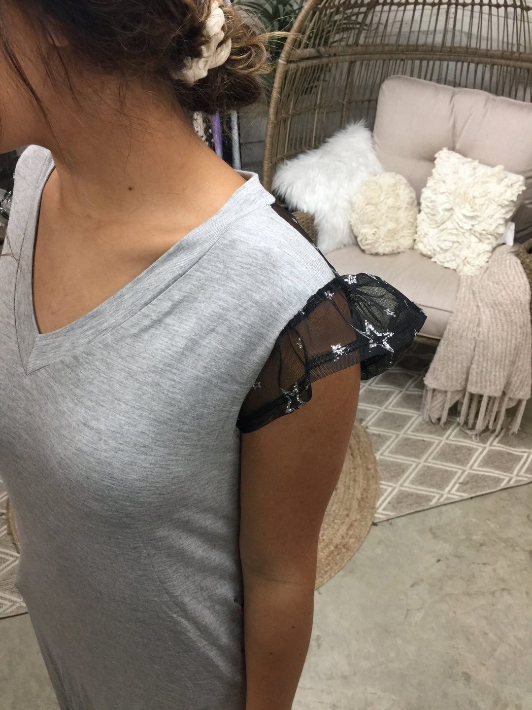 Grey V Neck Maxi Dress With Sheer Black and Silver Star Detail - Giddy Up Glamour Boutique