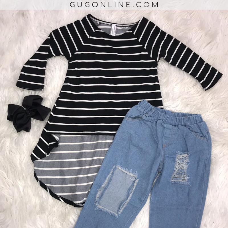 Kids Girl Power High Low Black and White Striped Top - Giddy Up Glamour Boutique