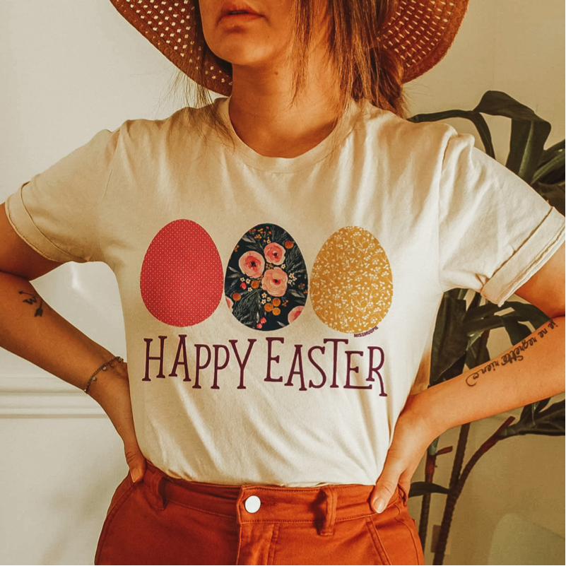 Online Exclusive | Happy Easter Short Sleeve Graphic Tee with Eggs in Cream - Giddy Up Glamour Boutique