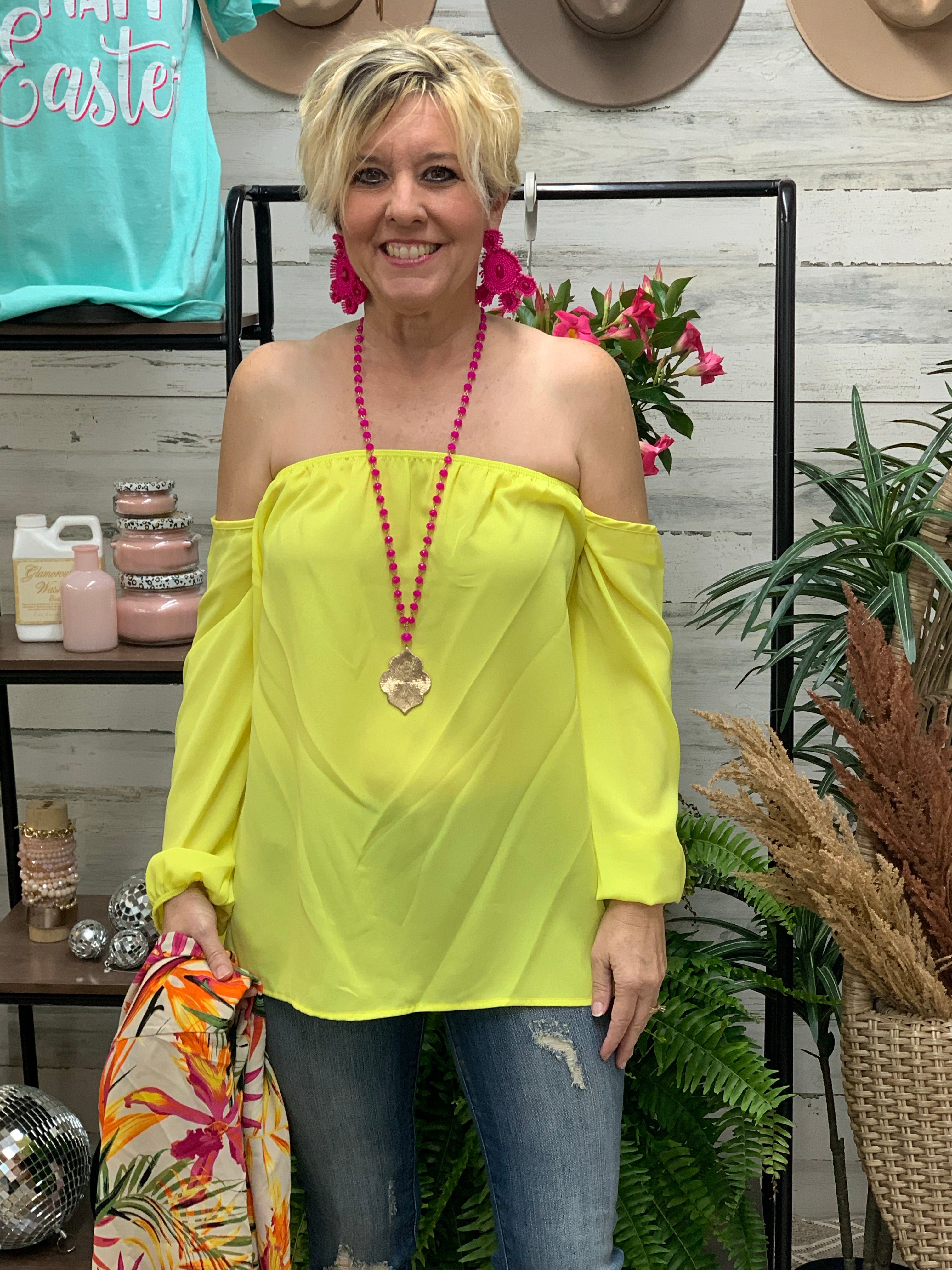 Today Was A Fairytale Off Shoulder Top in Yellow - Giddy Up Glamour Boutique