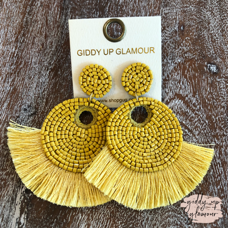 Small Beaded Statement Earrings with Fringe Trim in Mustard - Giddy Up Glamour Boutique