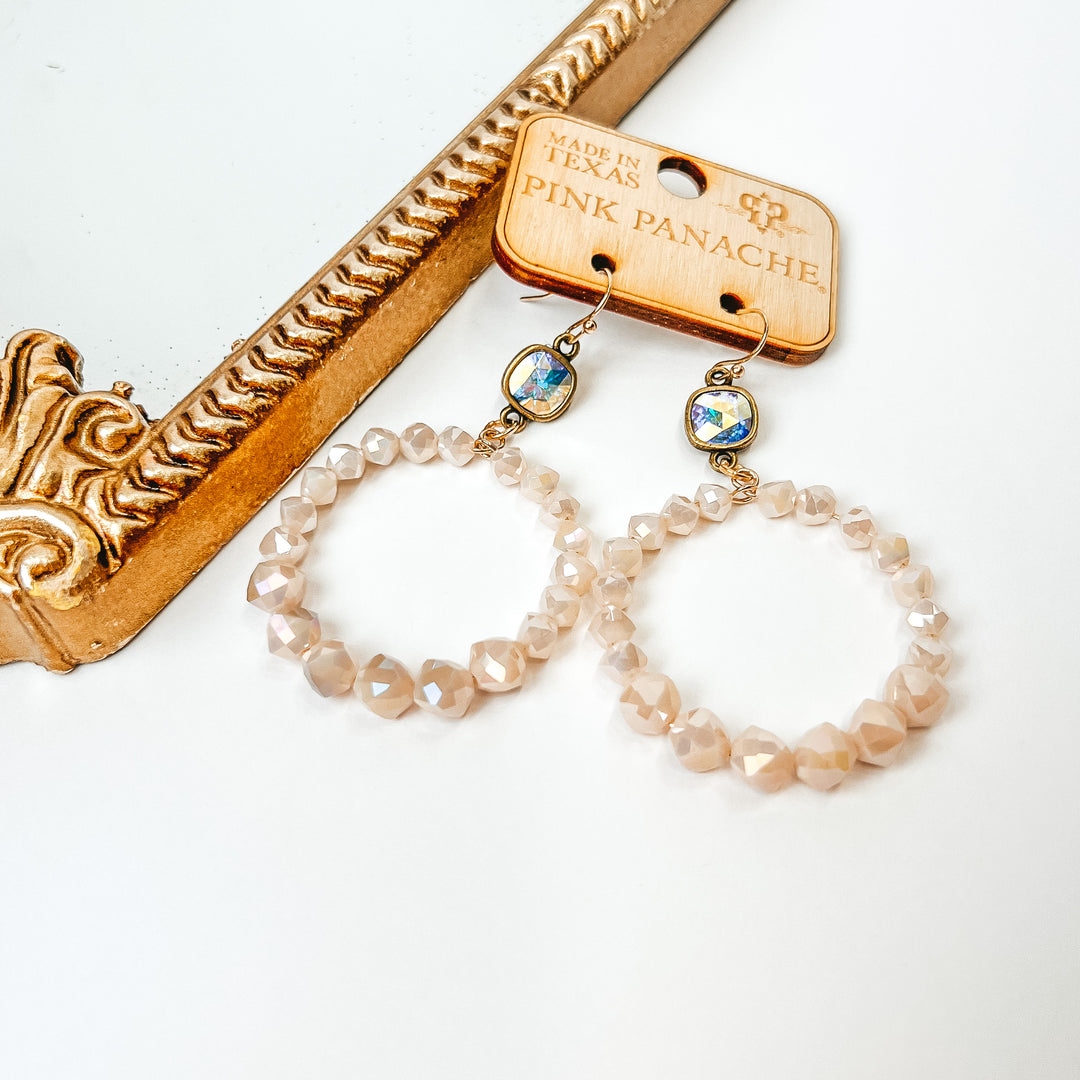 Pink Panache | Pale Pink Beaded Circle Earrings with AB Cushion Cut - Giddy Up Glamour Boutique