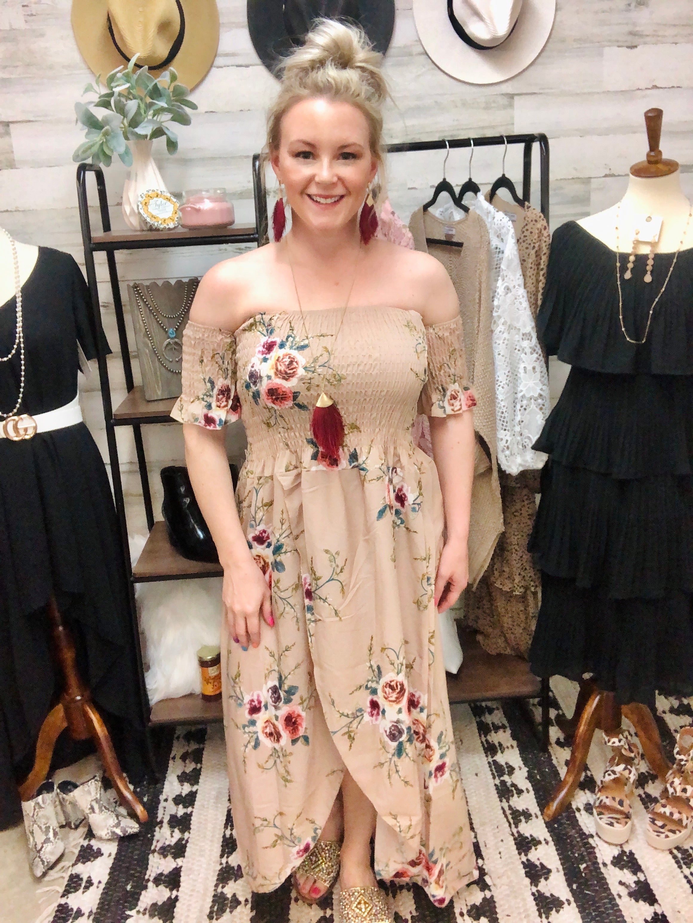 Last Chance Size Small | Boho Chic Smocked Floral Dress with Batwing Sleeves in Tan - Giddy Up Glamour Boutique