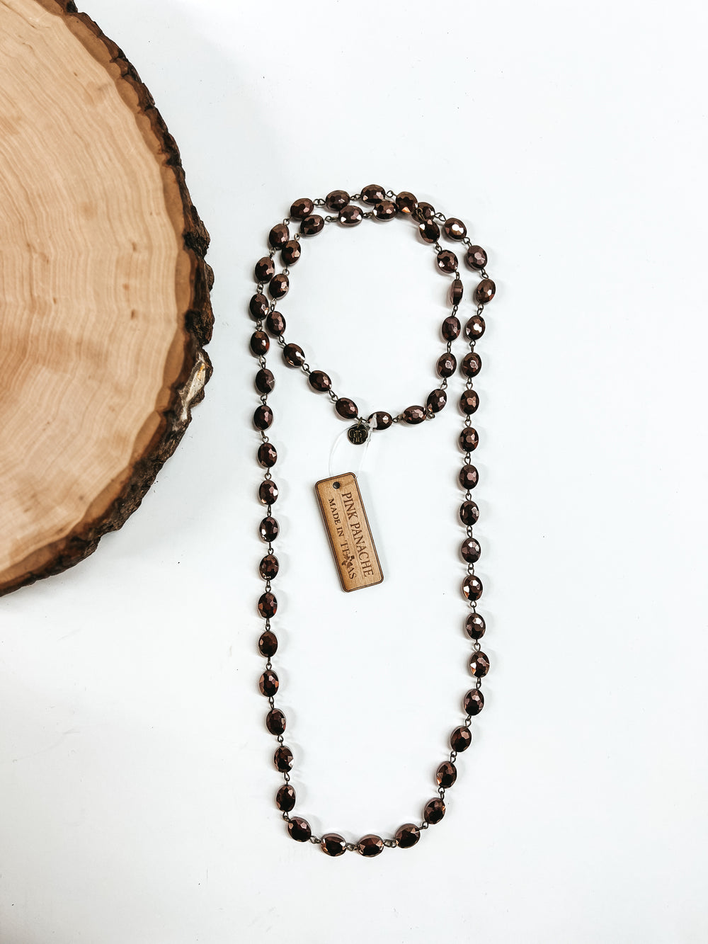 Pink Panache | Long Chocolate Flat Oval Crystal Beaded Necklace with Bronze Links - Giddy Up Glamour Boutique